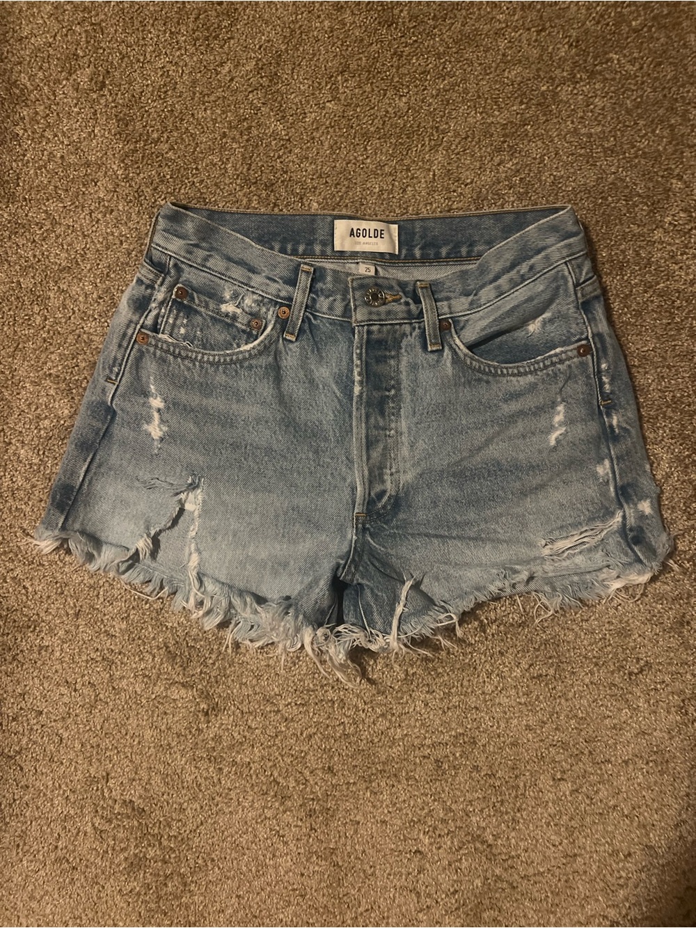 AGOLDE Light Blue Distressed Denim Shorts
